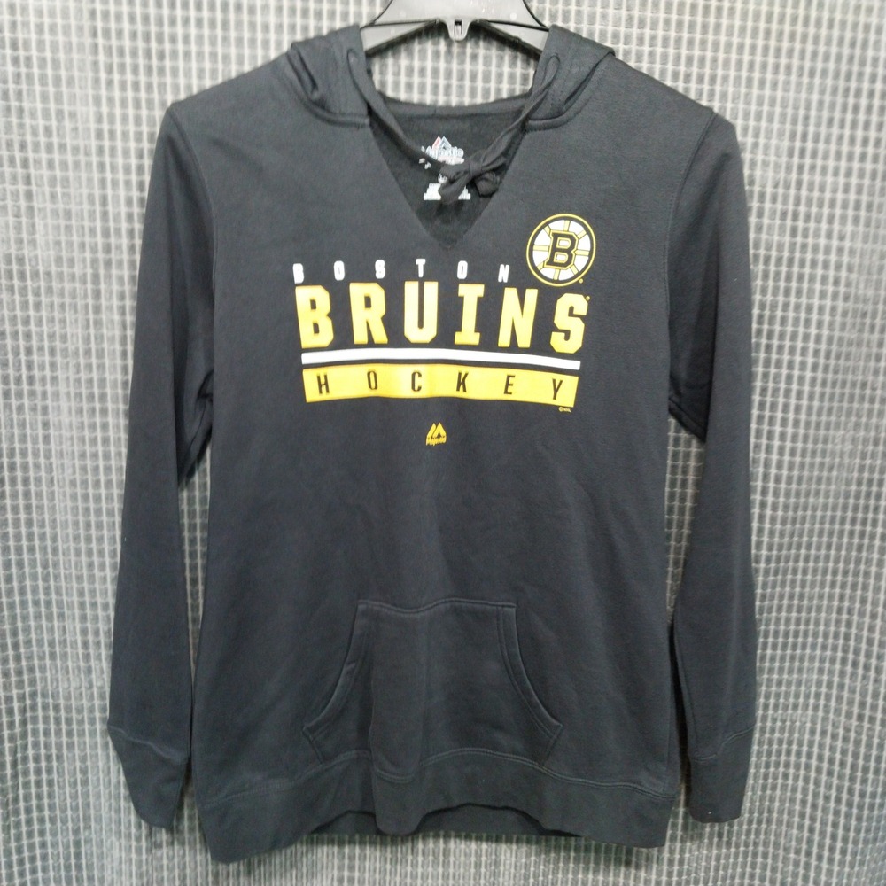 Boston Bruins Hoodie Men Lace Up V-Neck Graphic Sweatshirt Large Black Majestic